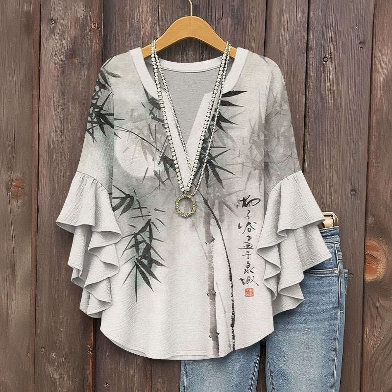 Vintage Ink Painting Of Bamboo Forest Art Pattern Print V-neck Half Sleeve Blouse - Grey - 5XL - image 2
