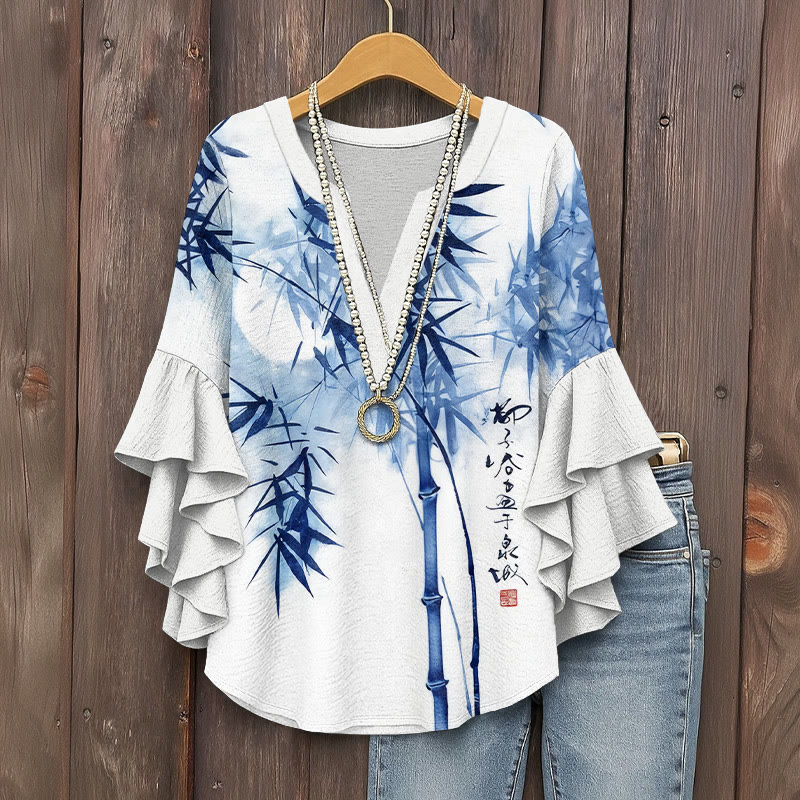 Vintage Ink Painting Of Bamboo Forest Art Pattern Print V-neck Half Sleeve Blouse - Blue - 5XL - image 1