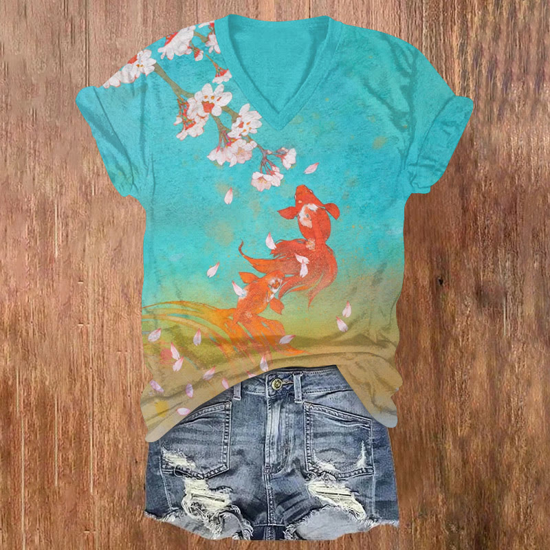 Japanese Goldfish And Cherry Blossom Color Gradient Pattern Print Short Sleeved V-neck T-shirt - Blue - US32-34(5XL) - image 1