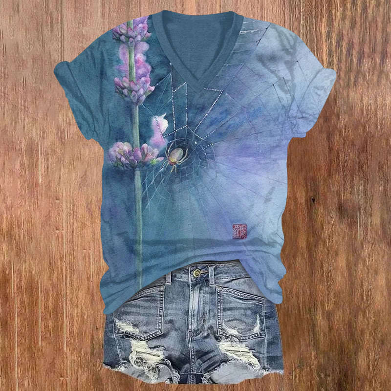 Japanese Watercolor Spider Flower Gradient pattern Print Short Sleeved V-Neck T-Shirt - Blue - US32-34(5XL) - image 1