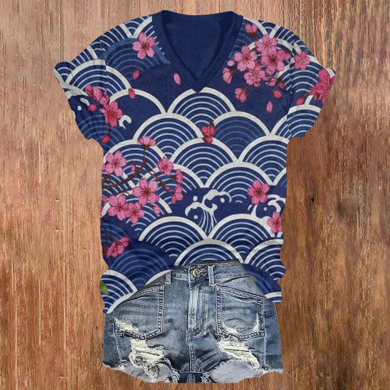 Japanese Classic Cherry Blossom Sea Wave Pattern Print Short Sleeved V-neck T-shirt - Dark Blue - US32-34(5XL) - image 1