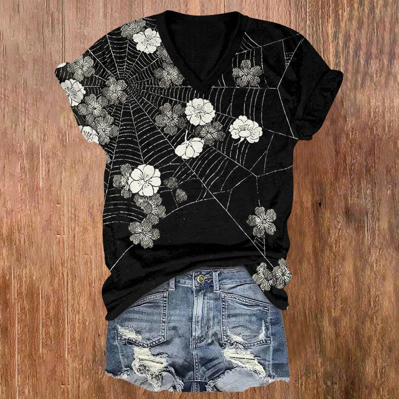 Japanese Sakura Spider Web Pattern Print Short Sleeved V-neck T-shirt - Black - US32-34(5XL) - image 2