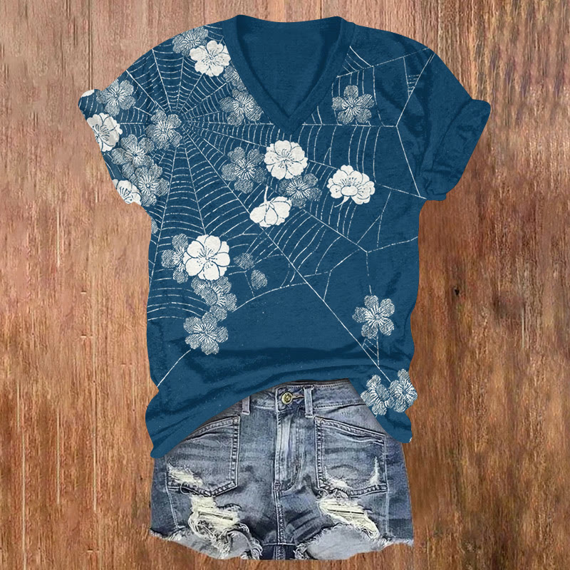 Japanese Sakura Spider Web Pattern Print Short Sleeved V-neck T-shirt - Blue - US32-34(5XL) - image 1