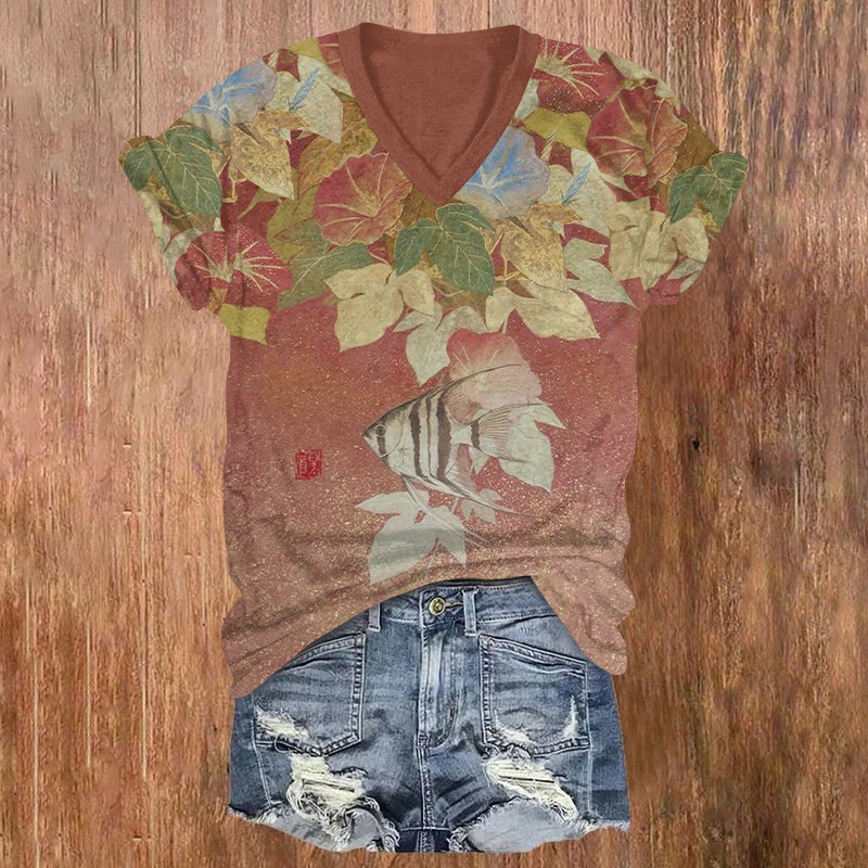 Japanese Morning Glories And Goldfish Pattern Print Short Sleeved V-neck T-shirt - Red - US32-34(5XL) - image 1