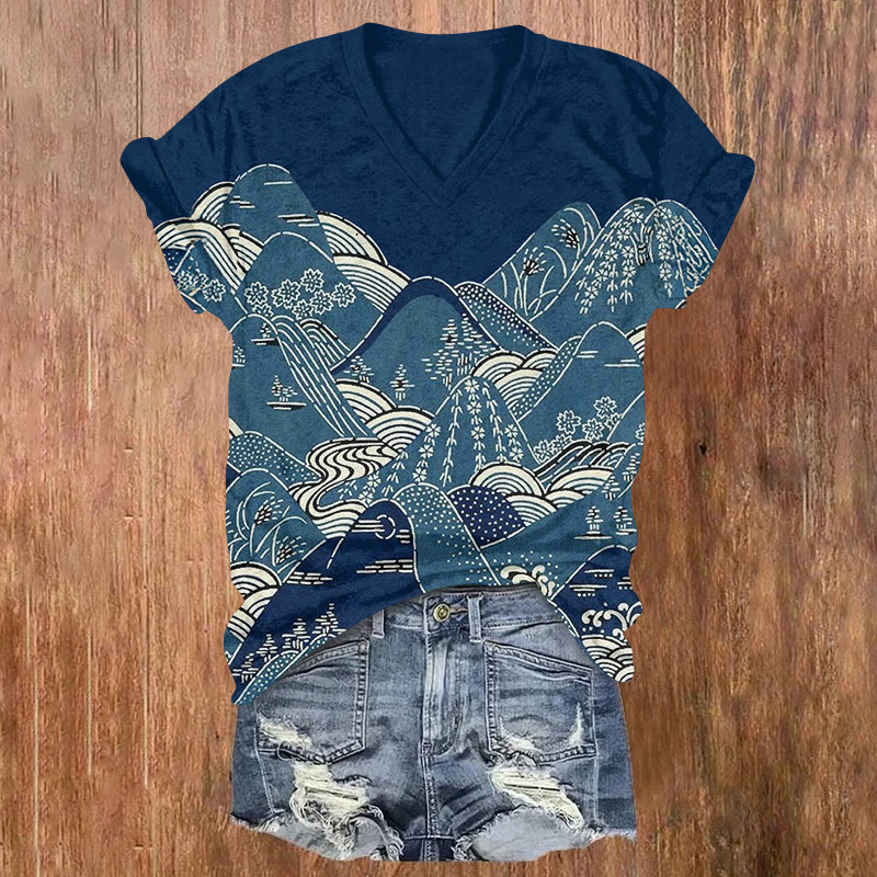 Japanese Classic Woodblock Mountain Lines Pattern Print Short Sleeved V-neck T-shirt - Blue - US32-34(5XL) - image 1