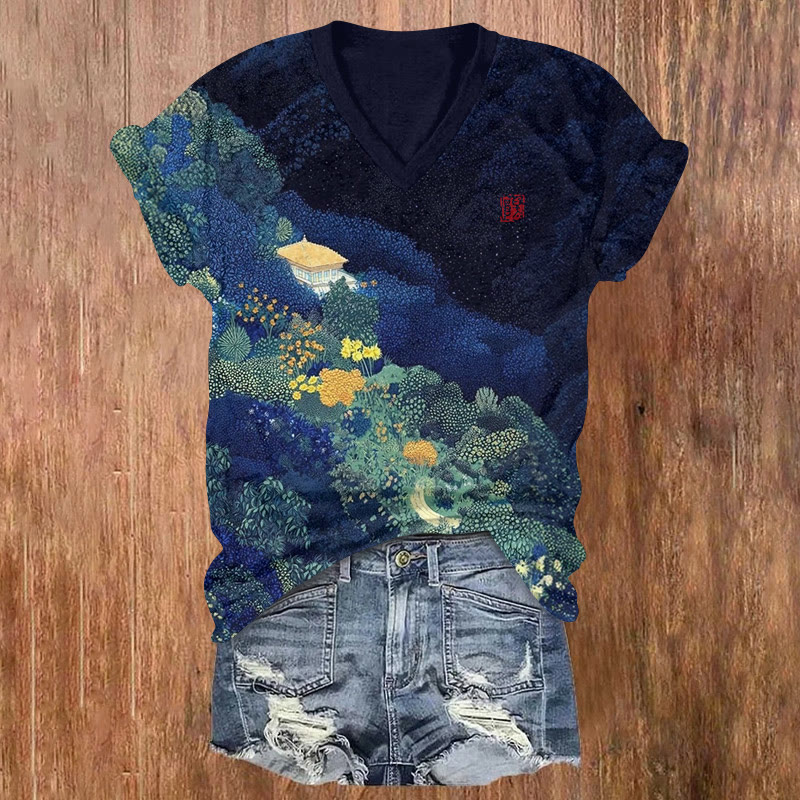 Japanese Liming Mountain Forest Pattern Print Short Sleeved V-neck T-shirt - Navy Blue - US32-34(5XL) - image 1