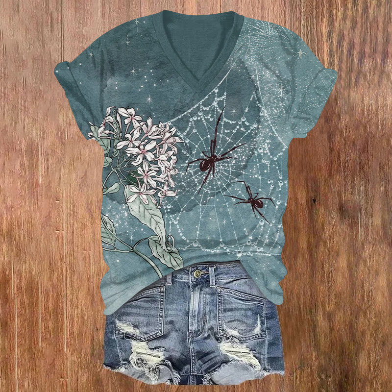 Japanese Ukiyo-e Spider Webs After Rain Pattern Print Short Sleeved V-neck T-shirt - Light Green - US32-34(5XL) - image 1