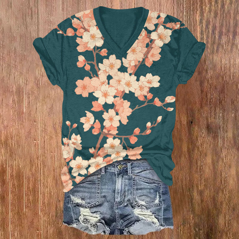 Japanese Cherry Blossoms Pattern Print Short Sleeved V-neck T-shirt - Green - US32-34(5XL) - image 2