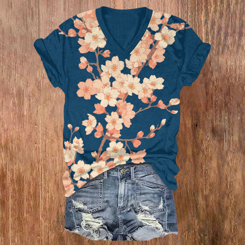 Japanese Cherry Blossoms Pattern Print Short Sleeved V-neck T-shirt - Blue - US32-34(5XL) - image 1