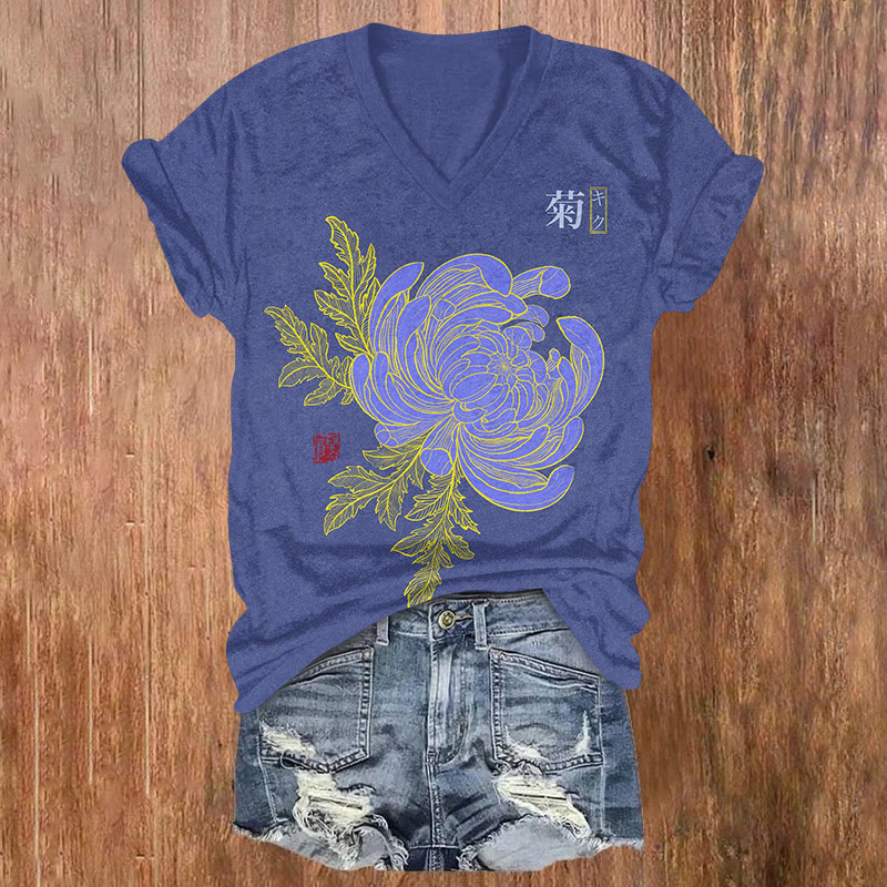 Japanese Classic Elegant Chrysanthemum Woodblock Pattern Print Short Sleeved V-neck T-shirt - Purple - US32-34(5XL) - image 1