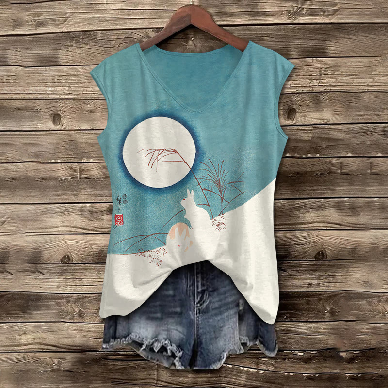 Japanese Vintage Moon & Rabbit Art Print V-neck Tank Top - Blue - 5XL - image 1