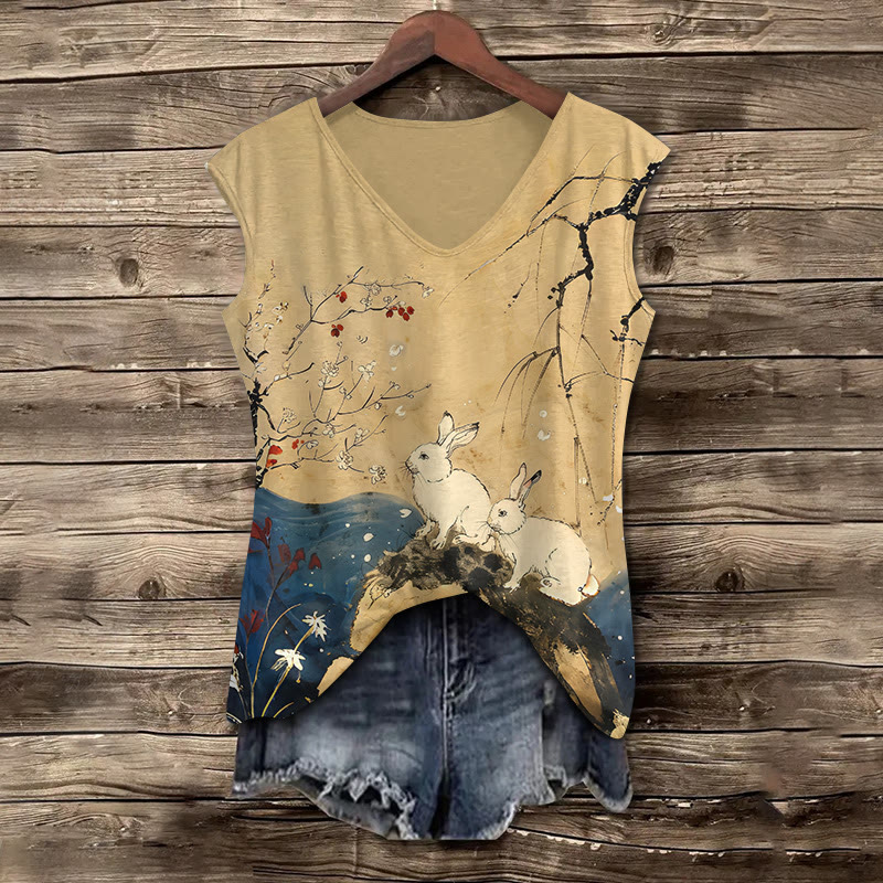 Vintage Watercolor Bunny & Floral Print V-neck Tank Top - Khaki - 5XL - image 1