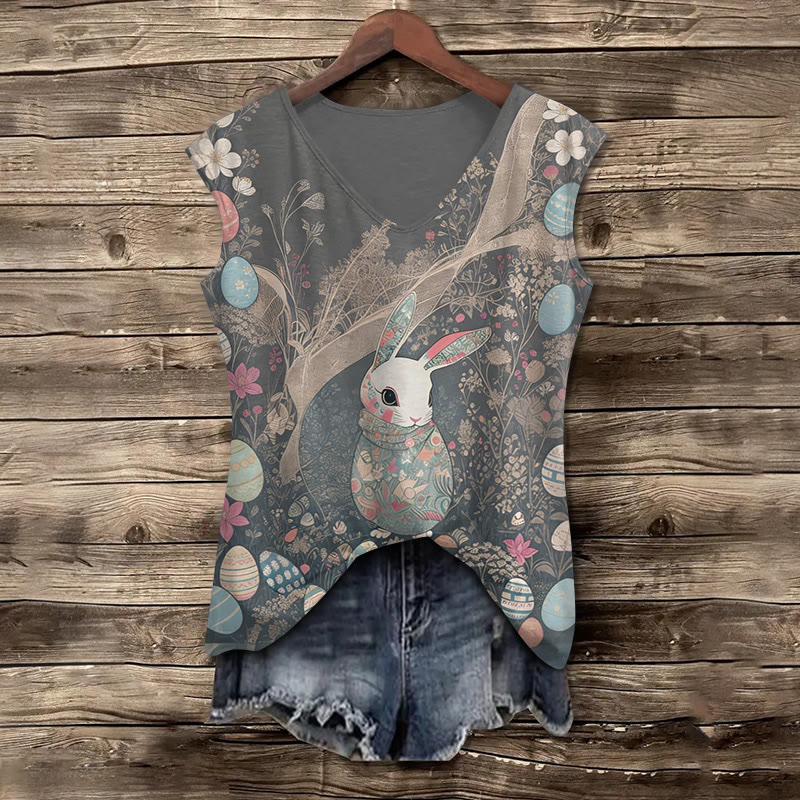 Lovely Easter Egg Bunny Art Print V-neck Tank Top - Grey - 5XL - image 1