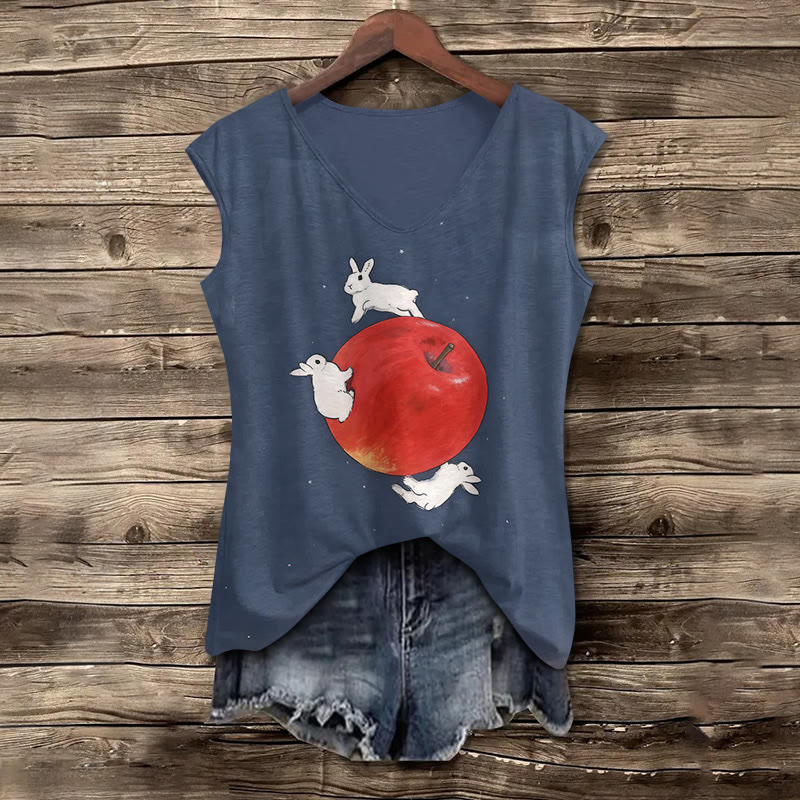 Easter Bunny & Apple Print V-neck Tank Top - Blue - 5XL - image 1
