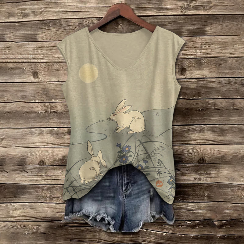 Vintage Rabbit & Moonlight Print V-neck Tank Top - Khaki - 5XL - image 1