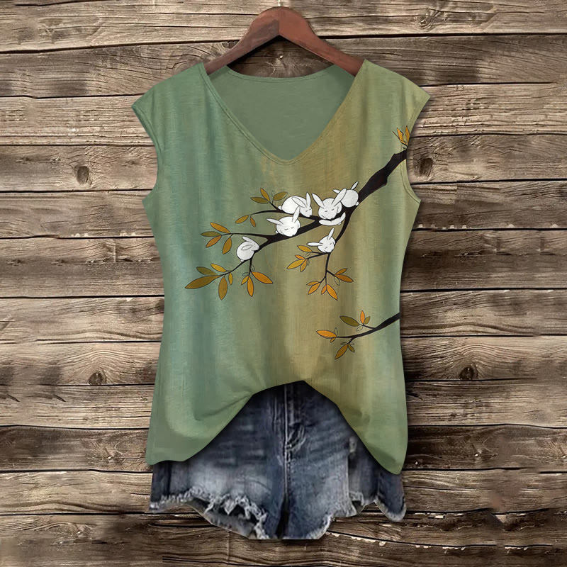 Cute Bunny On The Branch Art Print V-neck Tank Top - Green - 5XL - image 1