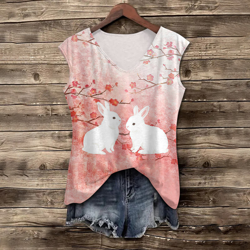 Lovely Bunny & Sakura Art Print V-neck Tank Top - Pink - 5XL - image 1