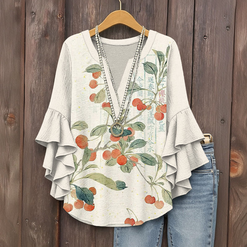 Vintage Cherry Pattern Print V-neck Half Sleeve Blouse - White - 5XL - image 1