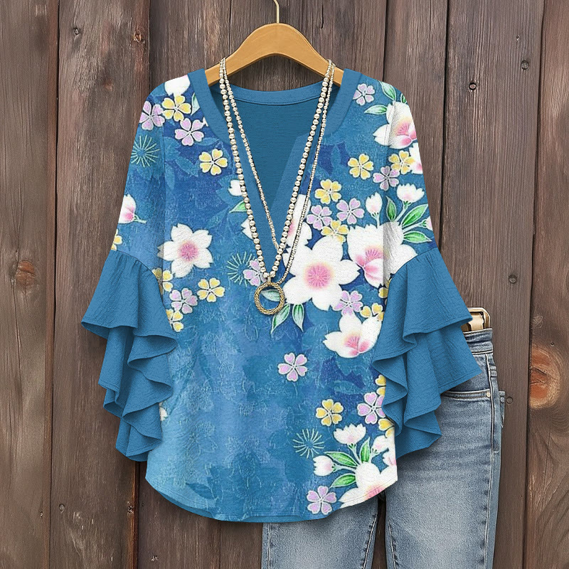 Vintage Floral Art Print V-neck Half Sleeve Blouse - Blue - 5XL - image 1