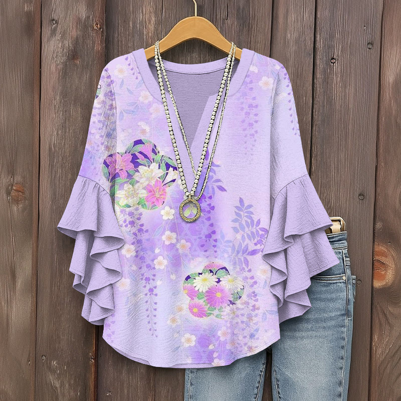 Romantic Flowers Art Print V-neck Half Sleeve Blouse - Purple - 5XL - image 1