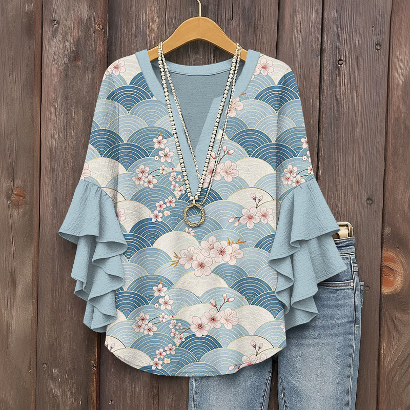 Vintage Ocean Wave & Sakura Art Print V-neck Half Sleeve Blouse - Blue - 5XL - image 1