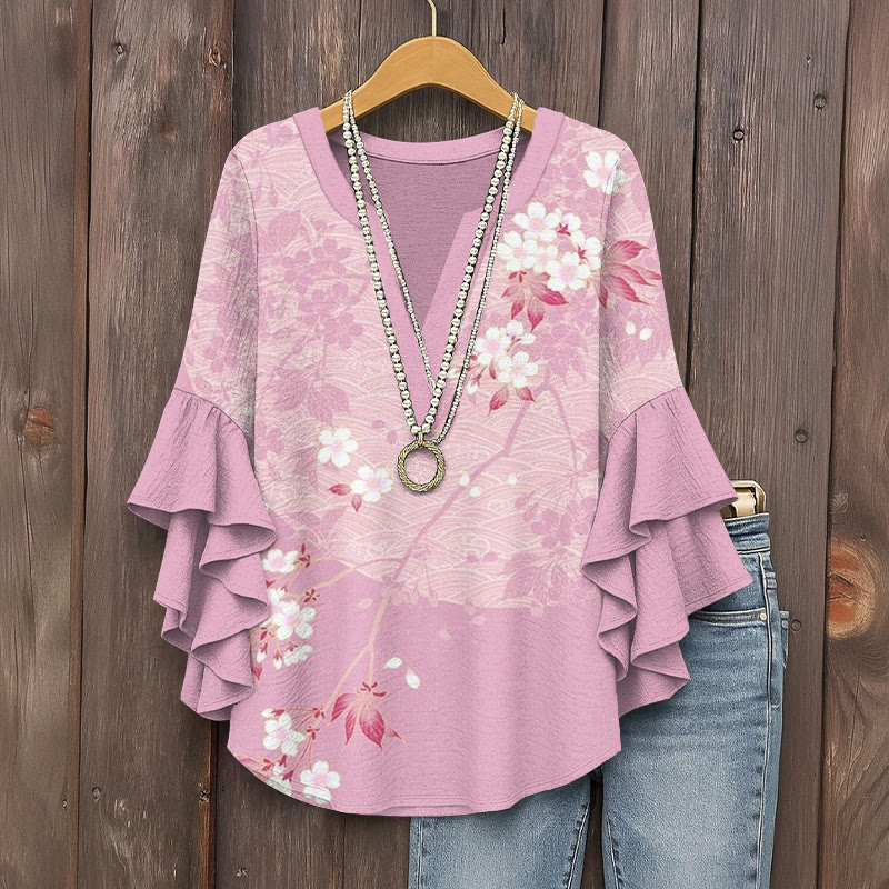 Vintage Sakura Blossom Art Print V-neck Half Sleeve Blouse - Purple - 5XL - image 1