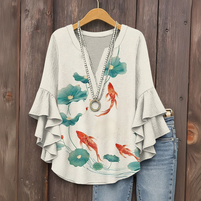 Vintage Koi & Lotus Leaf Print V-neck Half Sleeve Blouse - White - 5XL - image 1