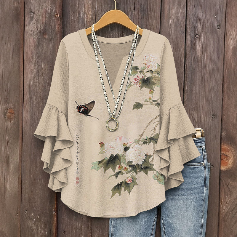 Vintage Peony Blossom & Butterfly Print V-neck Half Sleeve Blouse - Apricot - 5XL - image 1