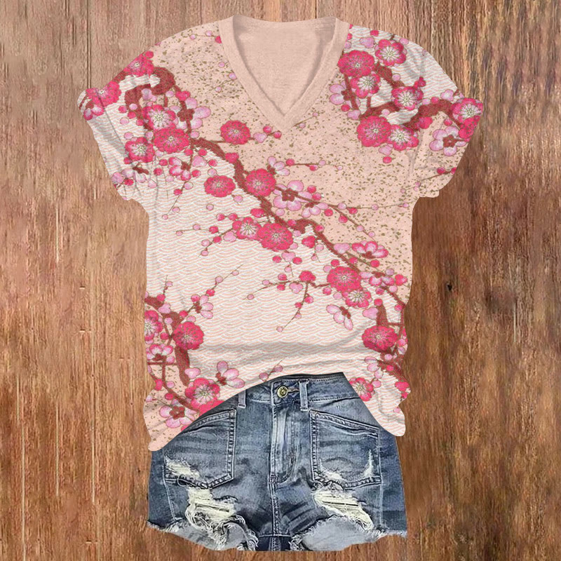 Japanese Traditional Kimono Floral Patterns Print Short Sleeved V-neck T-shirt - Pink - US32-34(5XL) - image 1
