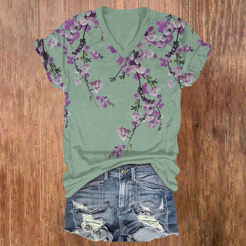 Japanese Watercolor Cherry Blossoms Brilliant Patterns Print Short Sleeved V-neck T-shirt - Olive Green - US32-34(5XL) - image 2