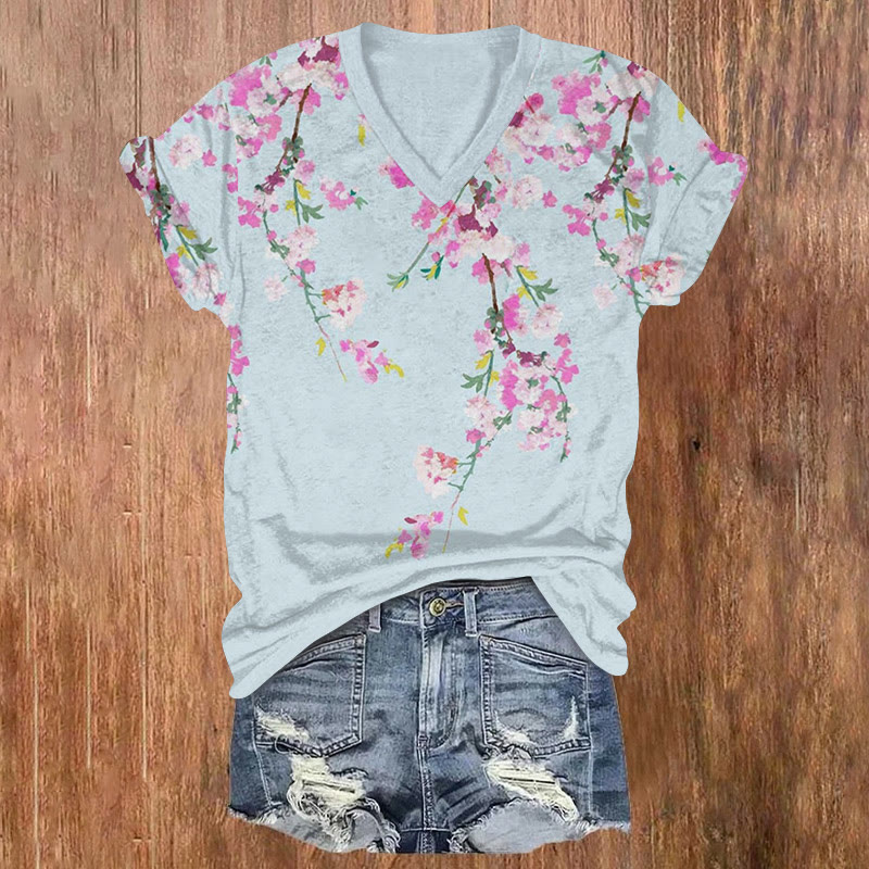 Japanese Watercolor Cherry Blossoms Brilliant Patterns Print Short Sleeved V-neck T-shirt - Light Blue - US32-34(5XL) - image 1