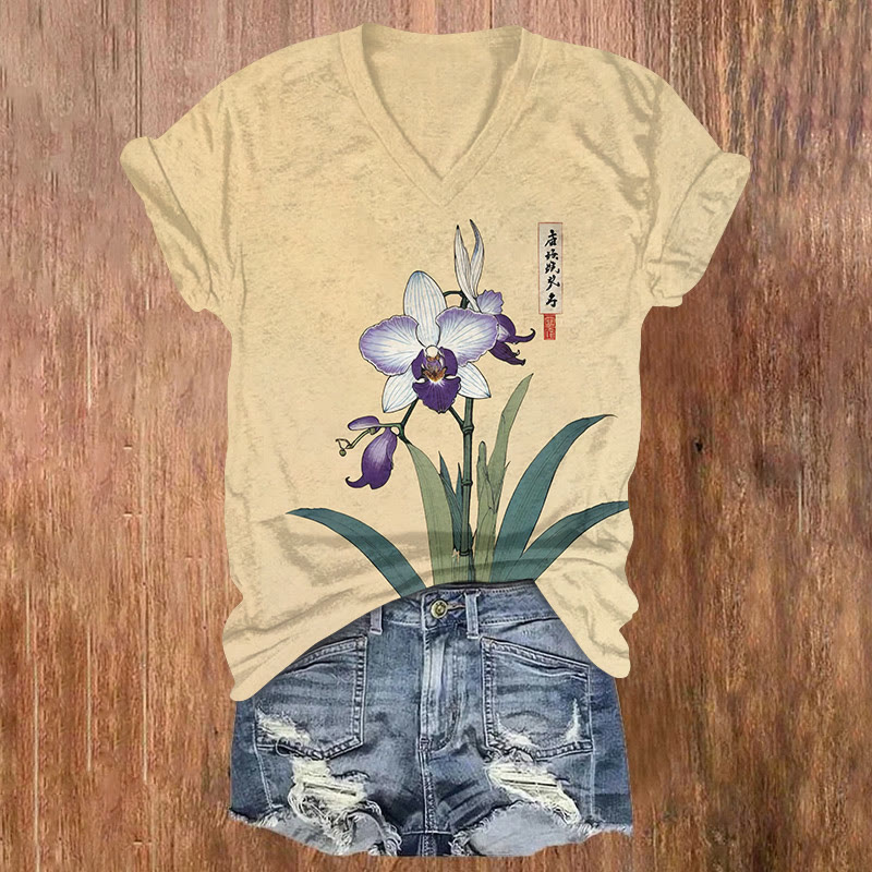 Japanese Classical Ukiyo-e Iris Illustrations Patterns Print Short Sleeved V-neck T-shirt - Apricot - US32-34(5XL) - image 1