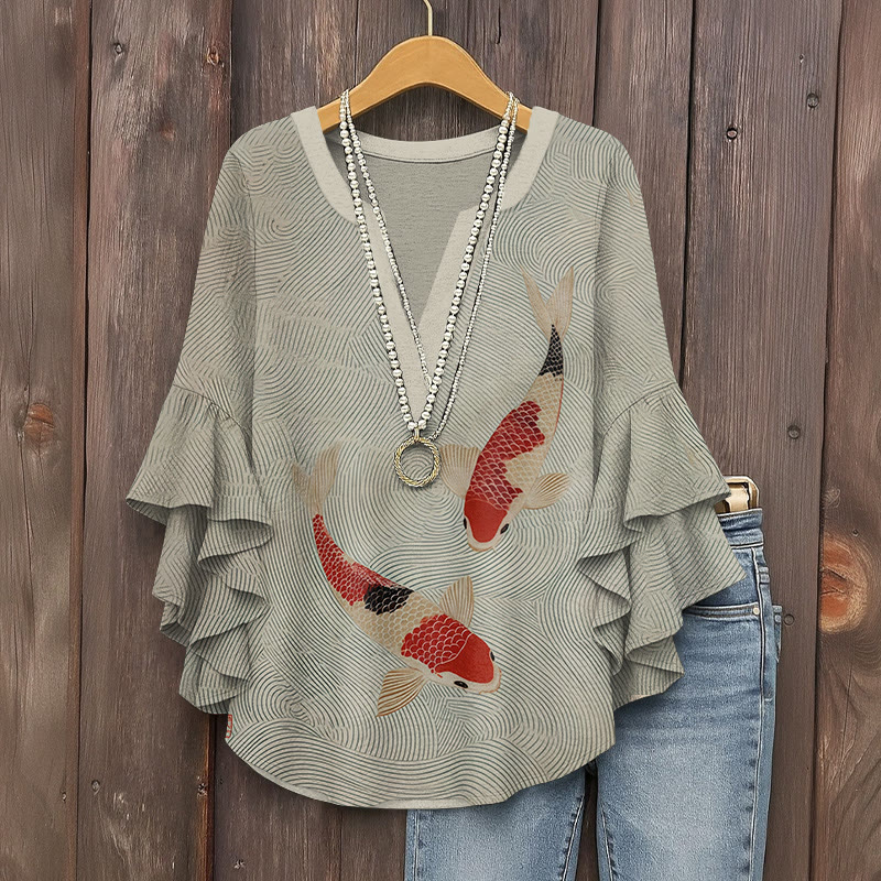 Japanese Koi Carp Art Print V-neck Half Sleeve Blouse - Light Gray - 5XL - image 1