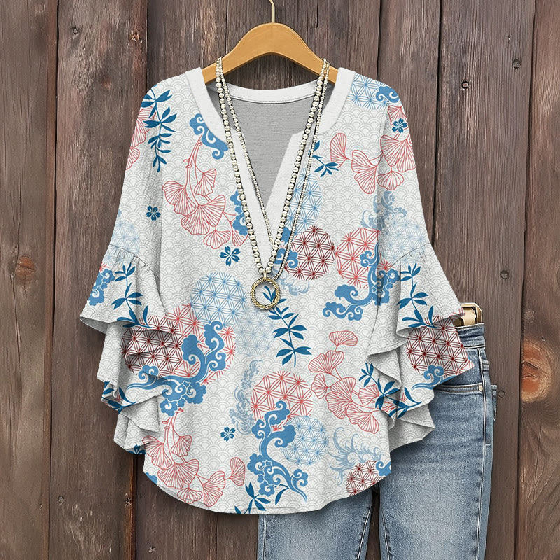 Bohemian Style Art Print V-neck Half Sleeve Blouse - Blue - 5XL - image 1