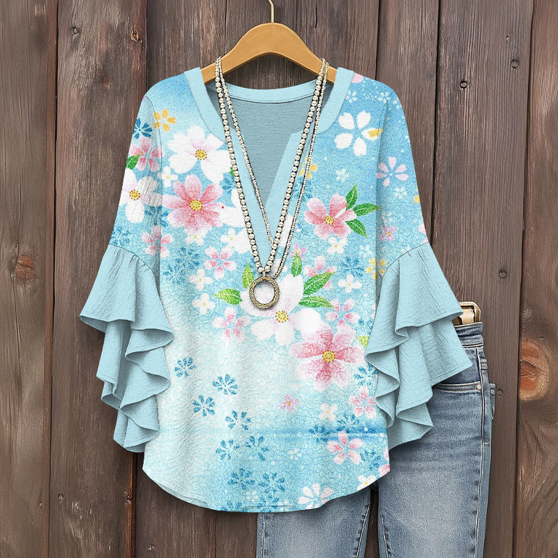 Watercolor Floral Art Print V-neck Half Sleeve Blouse - Blue - 5XL - image 1