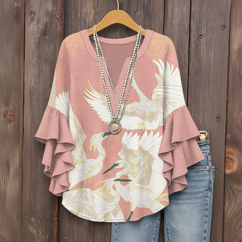 Vintage White Cranes Print V-neck Half Sleeve Blouse - Pink - 5XL - image 1