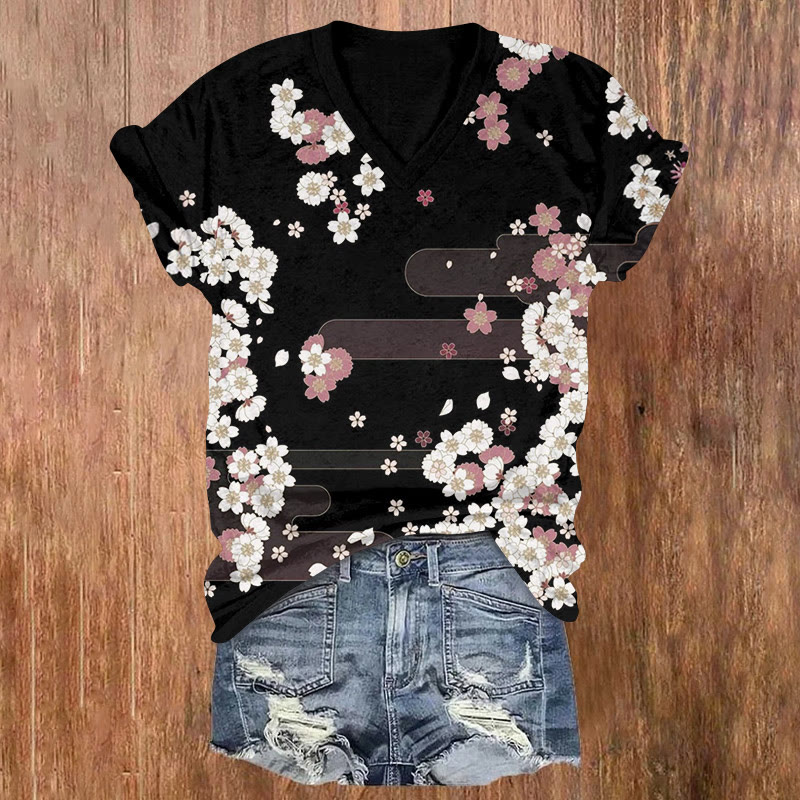 Japanese Traditional Cherry Blossom Pattern Print Short Sleeved V-neck T-shirt - Black - US32-34(5XL) - image 3