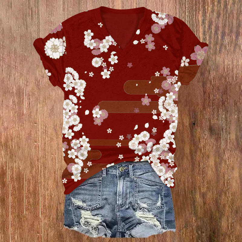 Japanese Traditional Cherry Blossom Pattern Print Short Sleeved V-neck T-shirt - Red - US32-34(5XL) - image 2