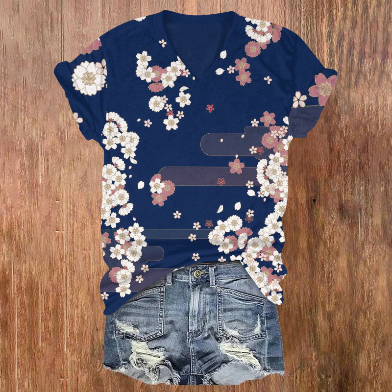 Japanese Traditional Cherry Blossom Pattern Print Short Sleeved V-neck T-shirt - Blue - US32-34(5XL) - image 1