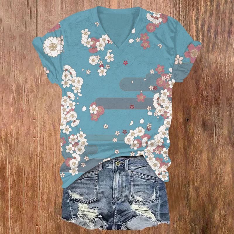 Japanese Traditional Cherry Blossom Pattern Print Short Sleeved V-neck T-shirt - Light Blue - US32-34(5XL) - image 4