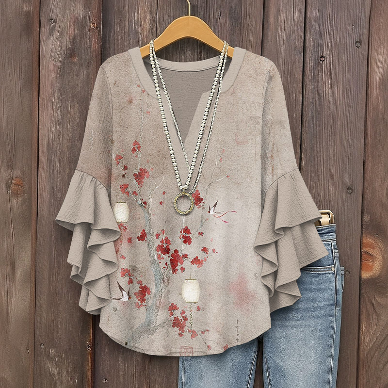 Vintage Tie-dye Floral Pattern Print V-neck Half Sleeve Blouse - Light Gray - 5XL - image 1