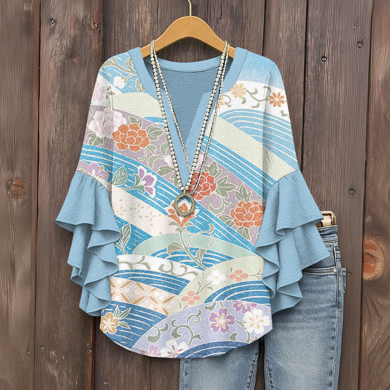 Japanese Vintage Floral Art Print V-neck Half Sleeve Blouse - Blue - 5XL - image 1