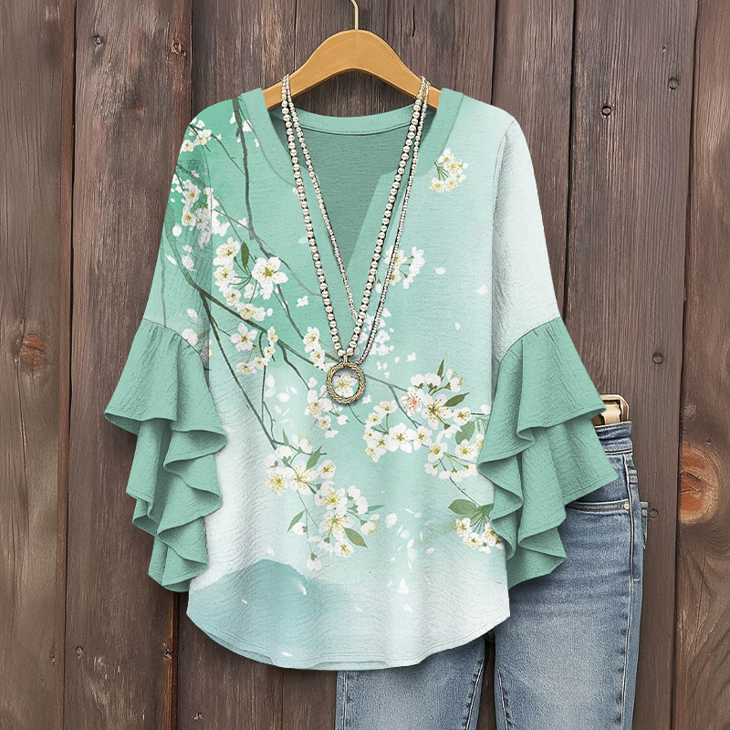 Vintage Lovely Pear Blossom Art Print V-neck Half Sleeve Blouse - Green - 5XL - image 1