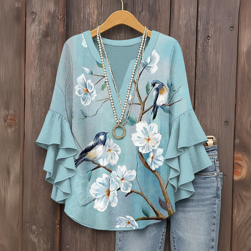 Oil Painting Flower & Bird Print V-neck Half Sleeve Blouse - Blue - 5XL - image 1