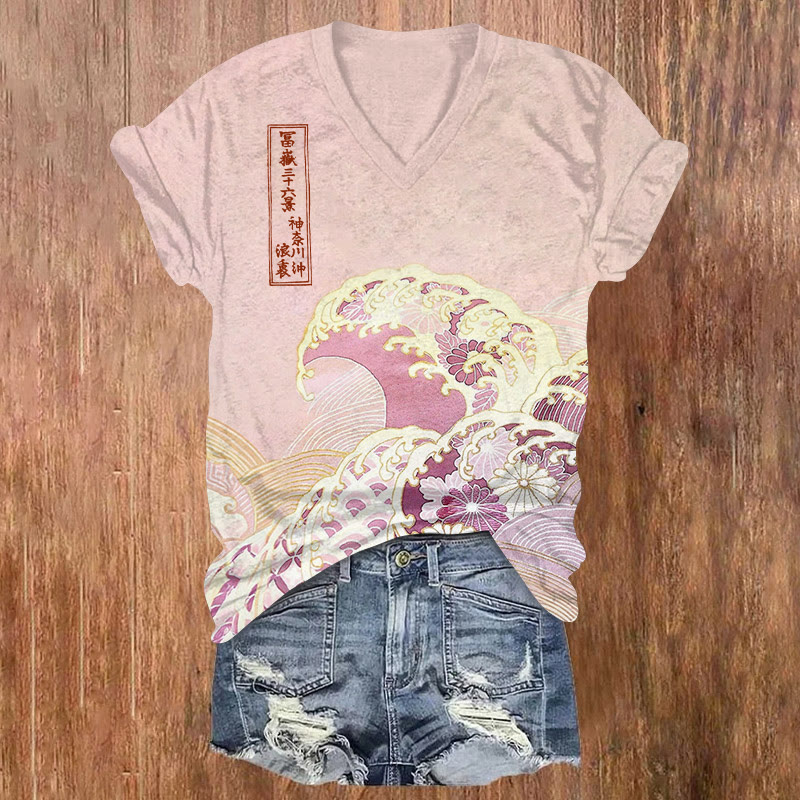 Japanese Classical Ukiyo-e Waves Print Short Sleeved V-neck T-shirt - Pink - US32-34(5XL) - image 1