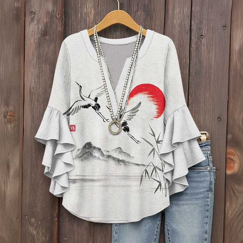 Japanese Crane & Sunrise Art Print V-neck Half Sleeve Blouse - Light Gray - 5XL - image 1