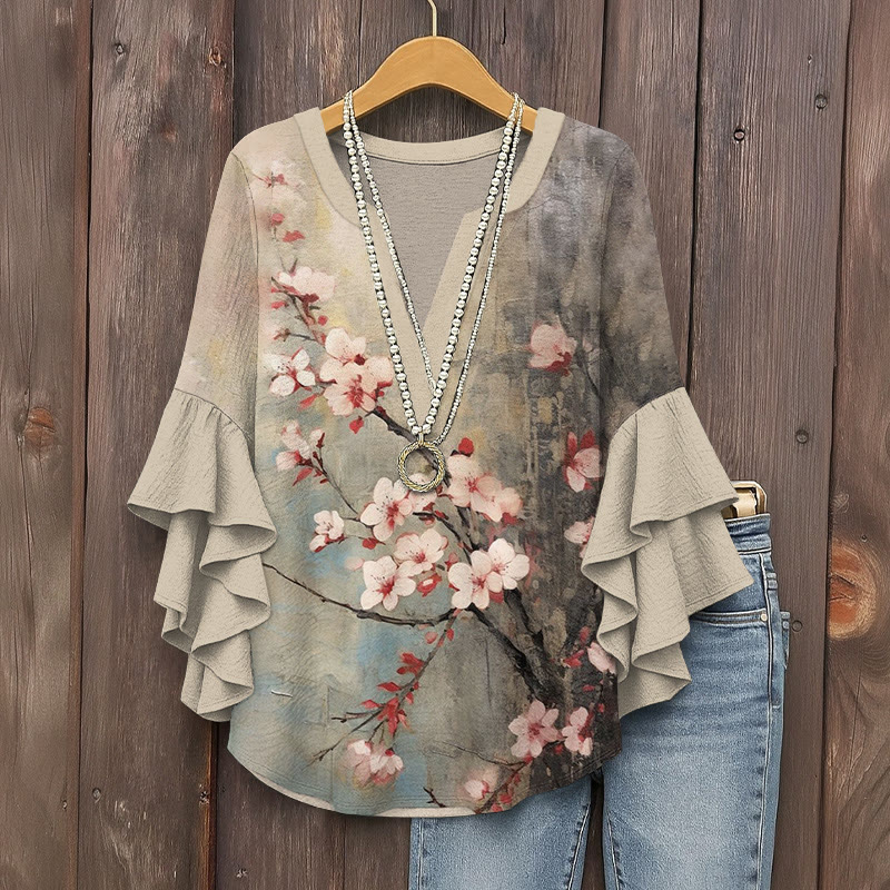 Watercolor Sakura Blossom Art Print V-neck Half Sleeve Blouse - Apricot - 5XL - image 1