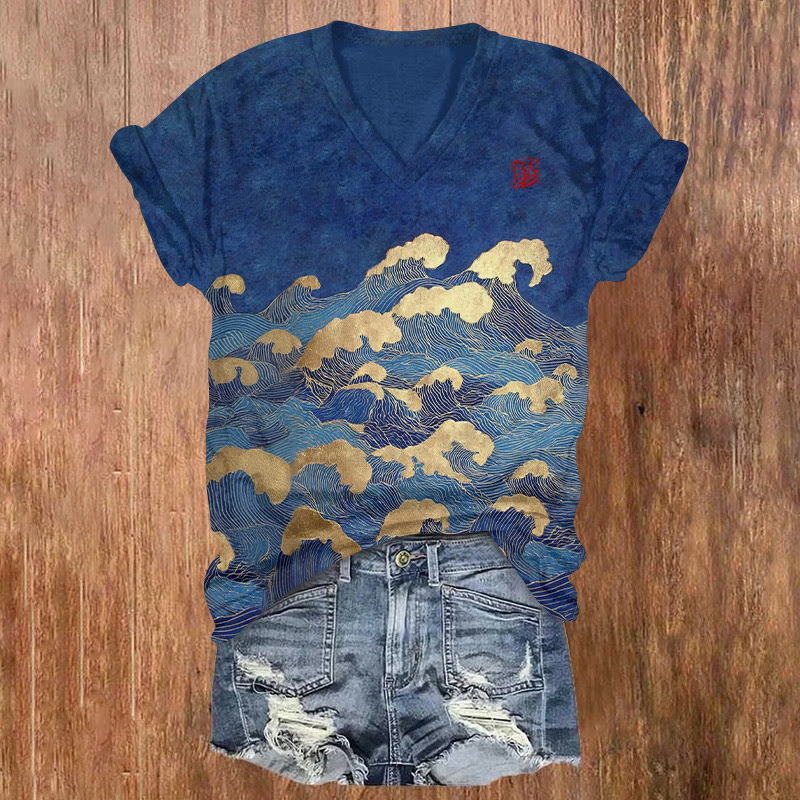 Japanese Classic Wave Lines Pattern Print Short Sleeved V-neck T-shirt - Dark Blue - US32-34(5XL) - image 1
