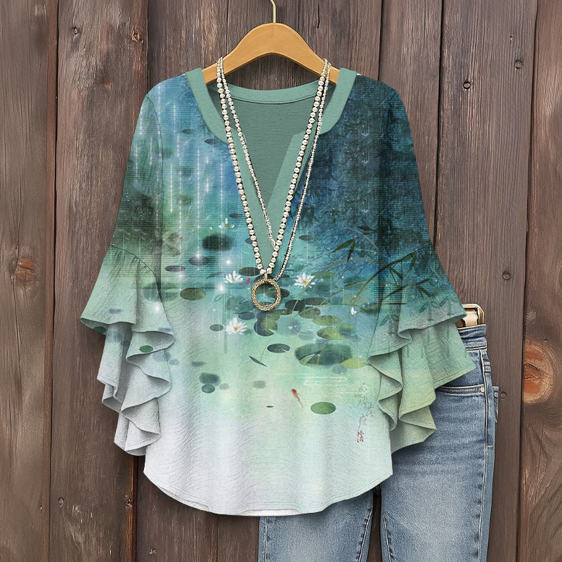Fantasy Lotus Pond Art Print V-neck Half Sleeve Blouse - Green - 5XL - image 1