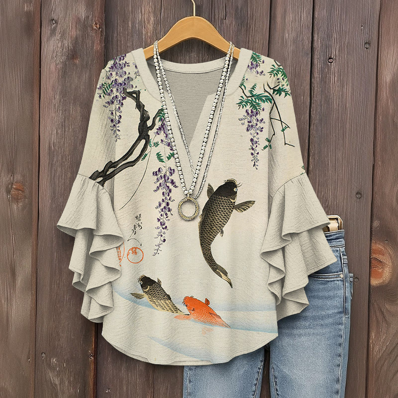 Funny Koi Carp Art Print V-neck Half Sleeve Blouse - Beige - 5XL - image 1